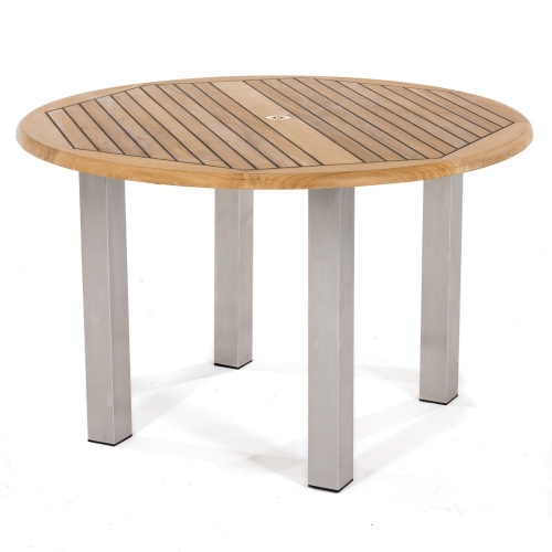70620 Vogue Laguna teak and stainless steel 4 foot round dining table side angle view on white background