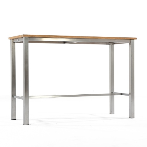 70633 Vogue teak and stainless steel 5 foot long rectangle bar table low angled side view on white background