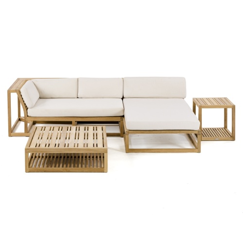 70658 maya four piece teak lounge set with cushions showing right side sofa teak chaise coffee table end table front facing on white background