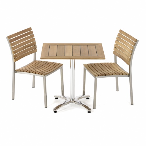 70665 Vogue Bistro Set of a teak and stainless steel rectangular table and 2 teak and stainless steel side chair on white background