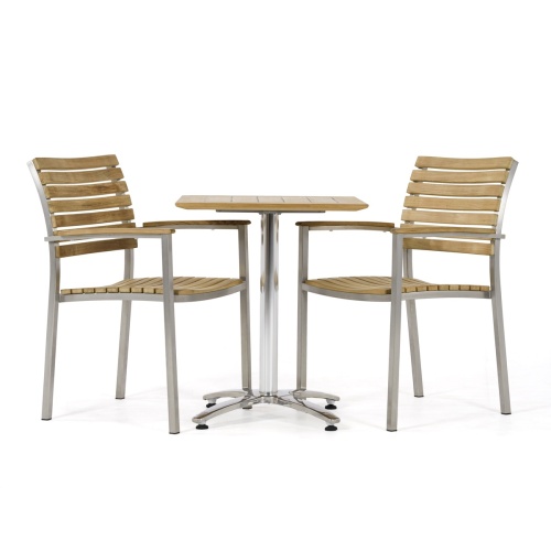 70668 Veranda Vogue Bistro Set of teak and stainless steel rectangular table and 2 teak dining chairs on white background