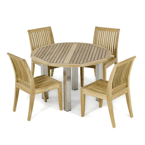 70739  Vogue Laguna 4 foot Round Dining Set of Vogue 4 ft Round Teak and Stainless Steel Table with 4 Laguna Teak Side Chairs top angled on white background