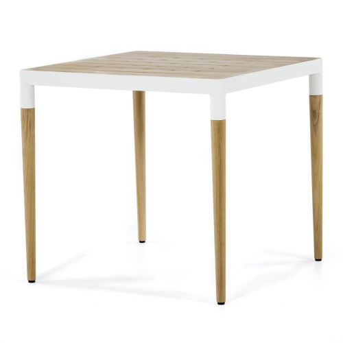 70751 Bloom 36 inch Square teak and white powder coated aluminum Dining Table with teak table top angled side view on white background