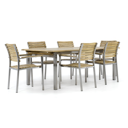 70756 Vogue teak and stainless steel  7 piece Armchair Set side angled view on white background