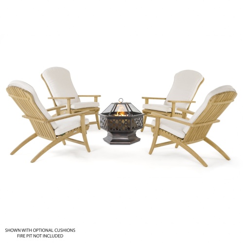 70781 Teak Adirondack Lounge Chair showing 4 with optional seat cushions around a black fire pit on white background
