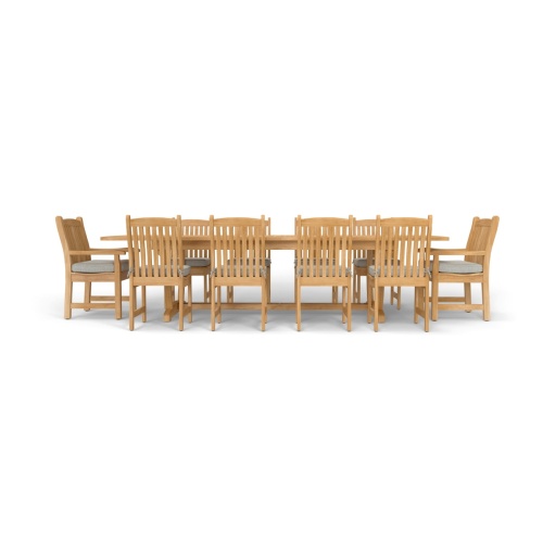 70791 Veranda 11 pc teak Dining  Set of  Grand Veranda Rectangular Extension Dining Table and 8 Veranda Side Chairs and 2 Armchairs with optonal cushions in side profile view on white background