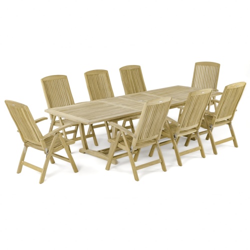 70796 Teak 9 piece Reclining Dining Set of 8 reclining teak dining chairs and teak extendable rectangular dining table angled end view on a white background