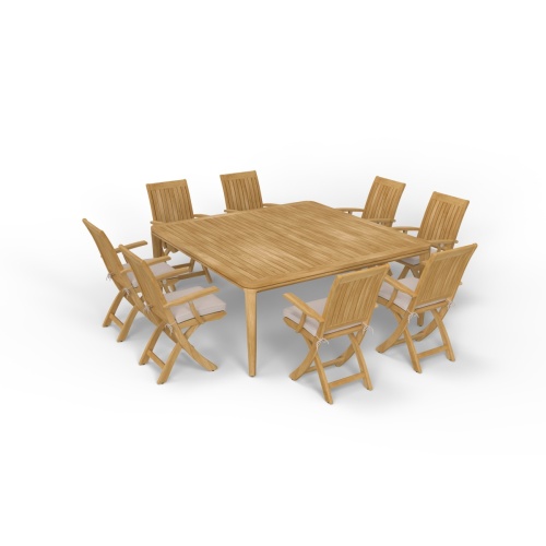 70813 Veranda Barbuda Dining Set of Veranda Square Dining Table and 8 Barbuda Folding Arm Chairs in angled aerial view on a white background 