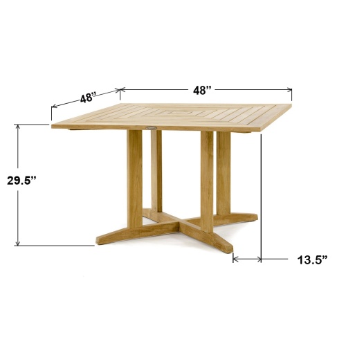 70904 Laguna Pyramid 48 inch square teak dining table showing various table configurations on white background