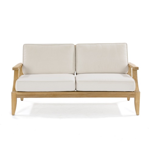 13152DP Laguna teak loveseat with canvas colored cushions side profile on white background