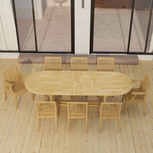 70926 Laguna Montserrat 9 piece Dining Set of Montserrat Oval Teak Table and 2 Laguna Dining Armchairs and 6 Laguna Side Chairs in aerial view of table top on patio of house