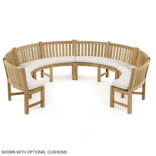 13852 Buckingham 6 foot Teak Bench Set of 4 together forming a semi circle with optional canvas colored cushions on white background