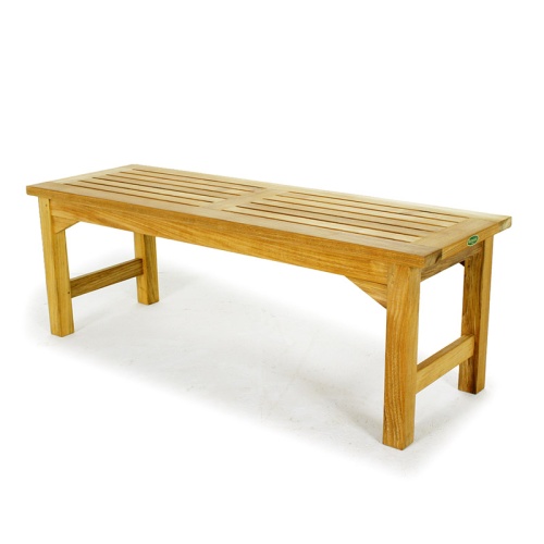 13940RF Teak 4 foot Backless Bench Refurbished angled side view on white background
