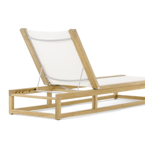 16771dp Maya teak Sling Lounger in white textilene mesh fabric the back rest in an upright position front angle view on white background