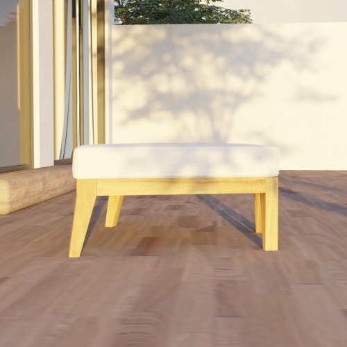 18068DP Kafelonia 1 seater Backless Bench on wood patio in side view next to a glass door of house in background