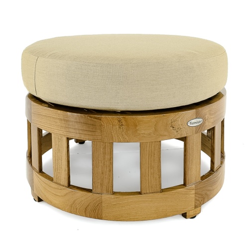 18170 Kafelonia teak round coffee table ottoman with colored cushion side view on white background