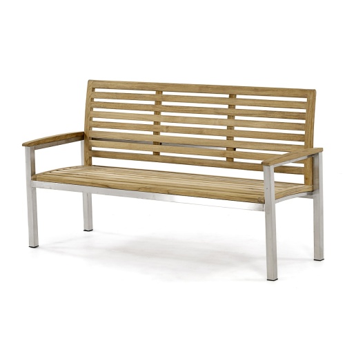 23200 Vogue 5 foot Teak and Stainless Steel Bench angled view on white background