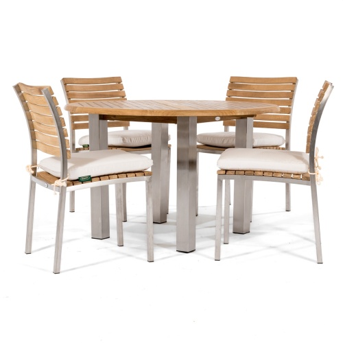 25013 Vogue 4 foot Round Teak Table with Vogue Dining Set for 4 with optional seat cushions on white background
