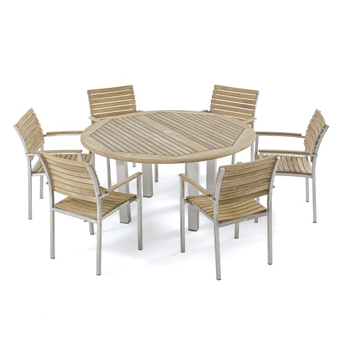25014 Vogue teak and stainless steel 5 foot Round Table with the 7 piece Vogue Teak Dining Set angled on white background