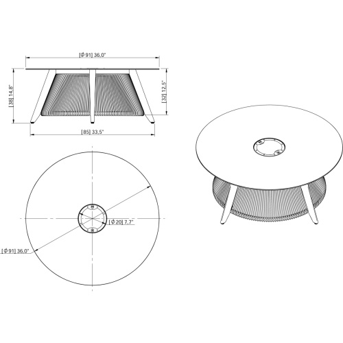 14105 Luna Round Coffee table with light showing autocad in side view and angled view and view of table top on white background 