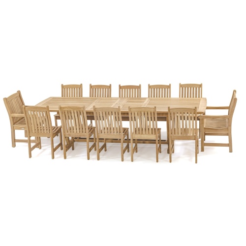 Grand Veranda 13 piece Dining Set of 2 armchairs 10 side chairs and a rectangular dining table side view on white background