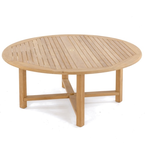 70026 Buckingham Barbuda teak 72 inch round dining table angled front view on white background