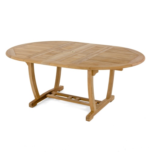 15548 Martinique Teak Oval Dining Table showing the double butterfly leaves extended in side angled view on white background