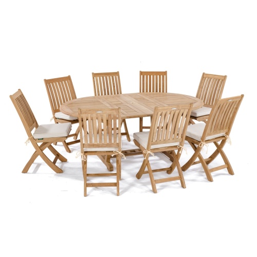 70060 Barbuda Martinique 9 piece oval Dining Set with optional seat cushions and oval table showing double butterfly leaf extended in angled aerial view on white background
