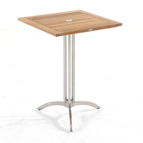 70075 Vogue teak and stainless steel 30 inch square bar table angled view on white background