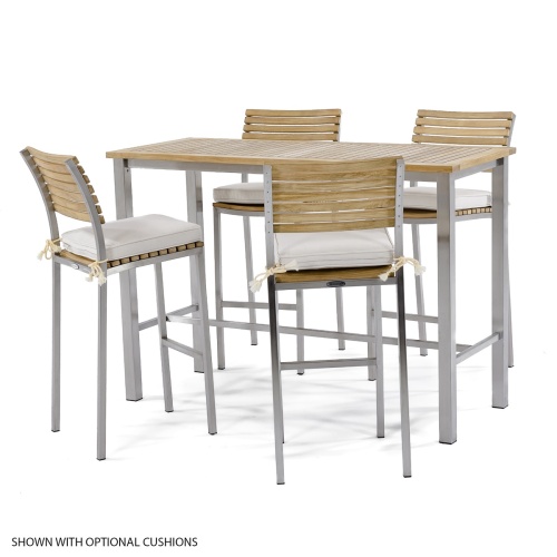 70076 Vogue 5 piece Rectangular Bar Set of 4 teak and stainless steel chairs with optional cushions and rectangular table angled on white background