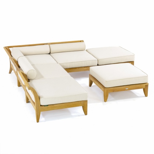  70121 Aman Dais 6 piece teak sectional set aerial view with canvas colored cushions on white background