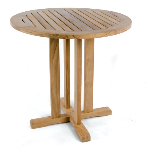 15771 Teak 30 inch Round Bistro Table angled top and side view on white background