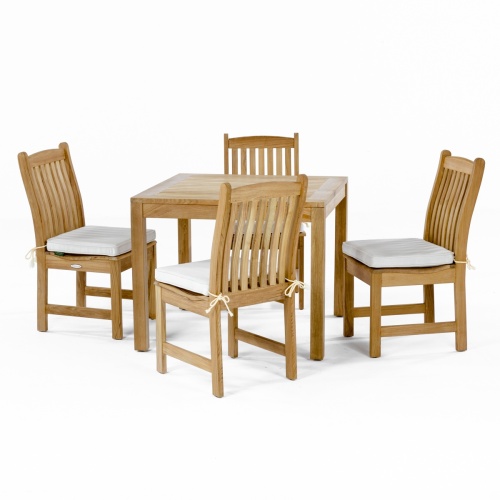 70424 Veranda teak 5 piece square Bistro Set of 4 teak side chairs and 36 inch square dining table with optional seat cushions on white background