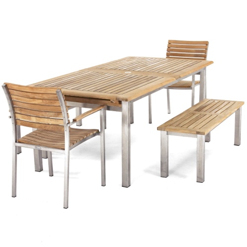 70440 Vogue 7 piece Teak and Stainless Steel  Picnic Set angled end view on white background