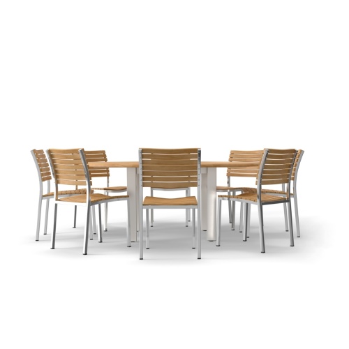 70444 Vogue Teak Dining Set for 8 of  Vogue 6 ft Round Table and 8 Vogue Side Chairs in side view on white background