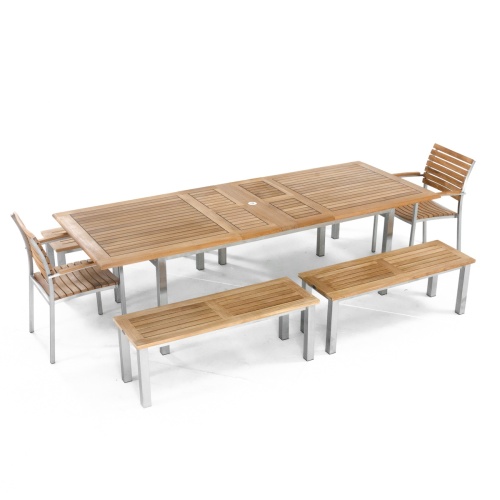 70445 Vogue teak and stainless steel Bench Dining Set side angled aerial view on white background