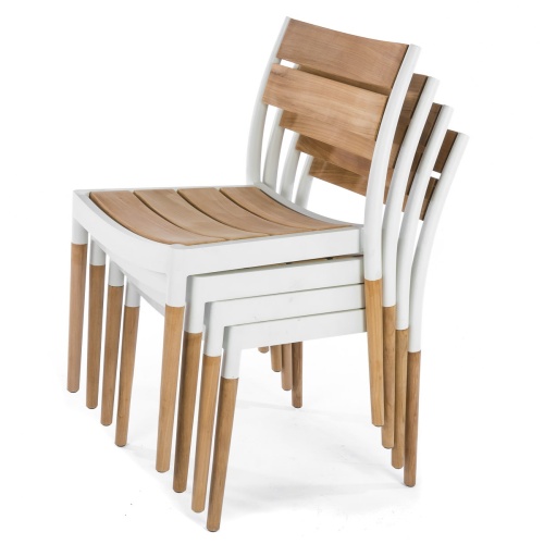 70451 Bloom teak and powder coated aluminum dining side chair stacked 4 high side angled view on white background