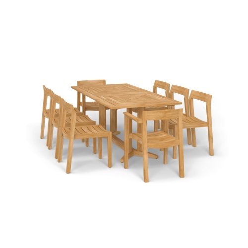 70462 Pyramid Horizon 9 pc Teak Dining Set of a Pyramid Rectangular Table and 2 Horizon Dining Chairs and 6 Horizon Side Chairs in angled end view on white background 