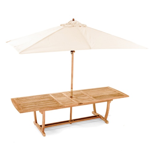 70466 Odyssey teak dining table extended angled with optional open rectangular market umbrella in table on white background