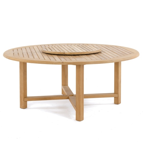 70470 Buckingham teak 6 foot Round Dining Table with optional teak Lazy Susan in table center angled view on white background
