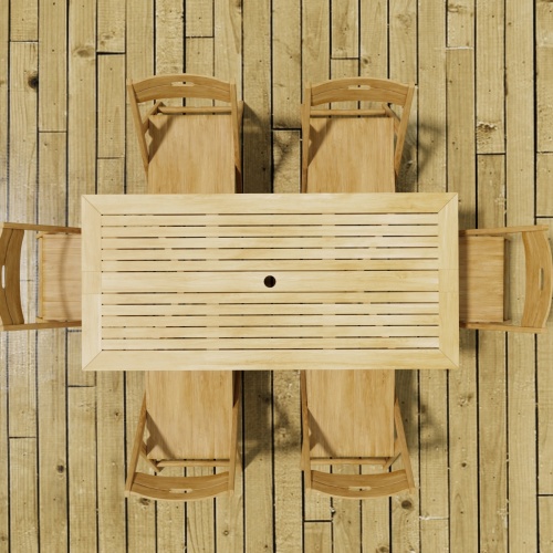 70472 Surf Nevis Teak 7 pc Dining Set of Nevis Dining Table and 6 Surf Folding Chairs in aerial view on wood deck 
