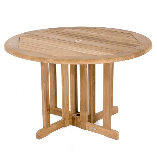  70473 Odyssey Barbuda teak 48 inch diameter folding dining table angled view of top and side on white background