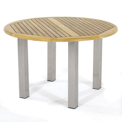 70478 Vogue Horizon teak and stainless steel dining table side angled view on white background