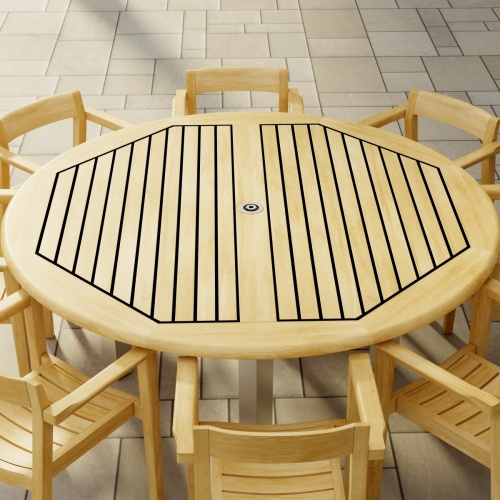 70487 Horizon Vogue Teak Dining Set for 8 of Vogue 6 ft Round Dining Table and 8 Horizon Dining Chairs aerial view showing closeup of table top on tiled patio 
