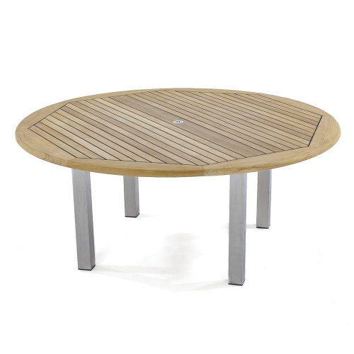 25015 Vogue teak and stainless steel 6 ft Round Table angled on white background