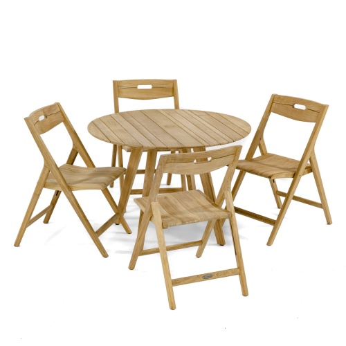 70519 Surf 5 piece teak round Dining Set of 4 folding side chairs and 42 inch round table on white background
