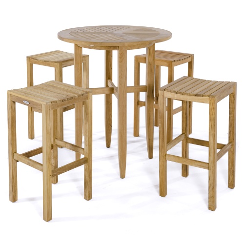 70533 Somerset Laguna 5 piece teak Bar Set of 4 teak backless barstools and round 36 inch diameter bar table angled view on white background