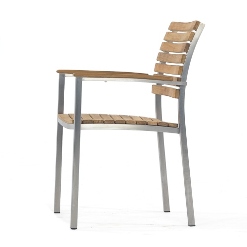 70575 Vogue Pyramid teak and stainless steel dining side chair left side view on white background