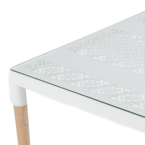 70602 Bloom teak and aluminum 32 inch square dining table closeup of table top corner on white background