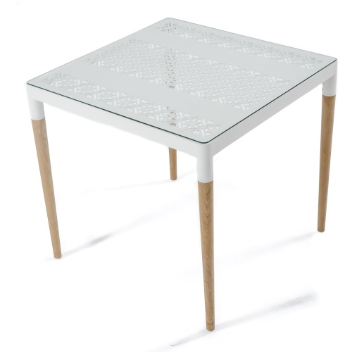 70613 Bloom 32 inch square teak and powder coated aluminum Dining Table aerial view of top on white background